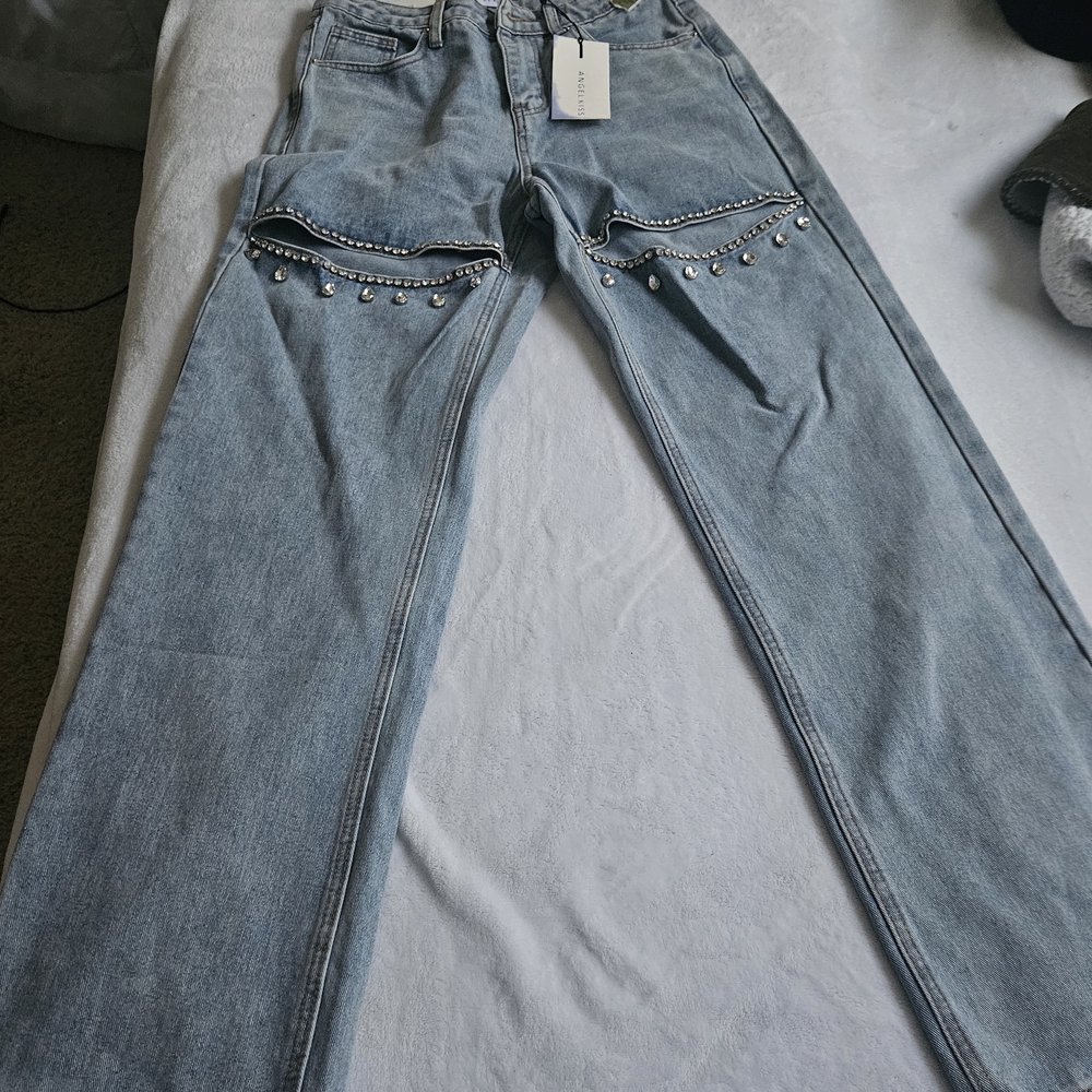 Angel Kiss Denim Straight Leg Jeans with Pearl Details